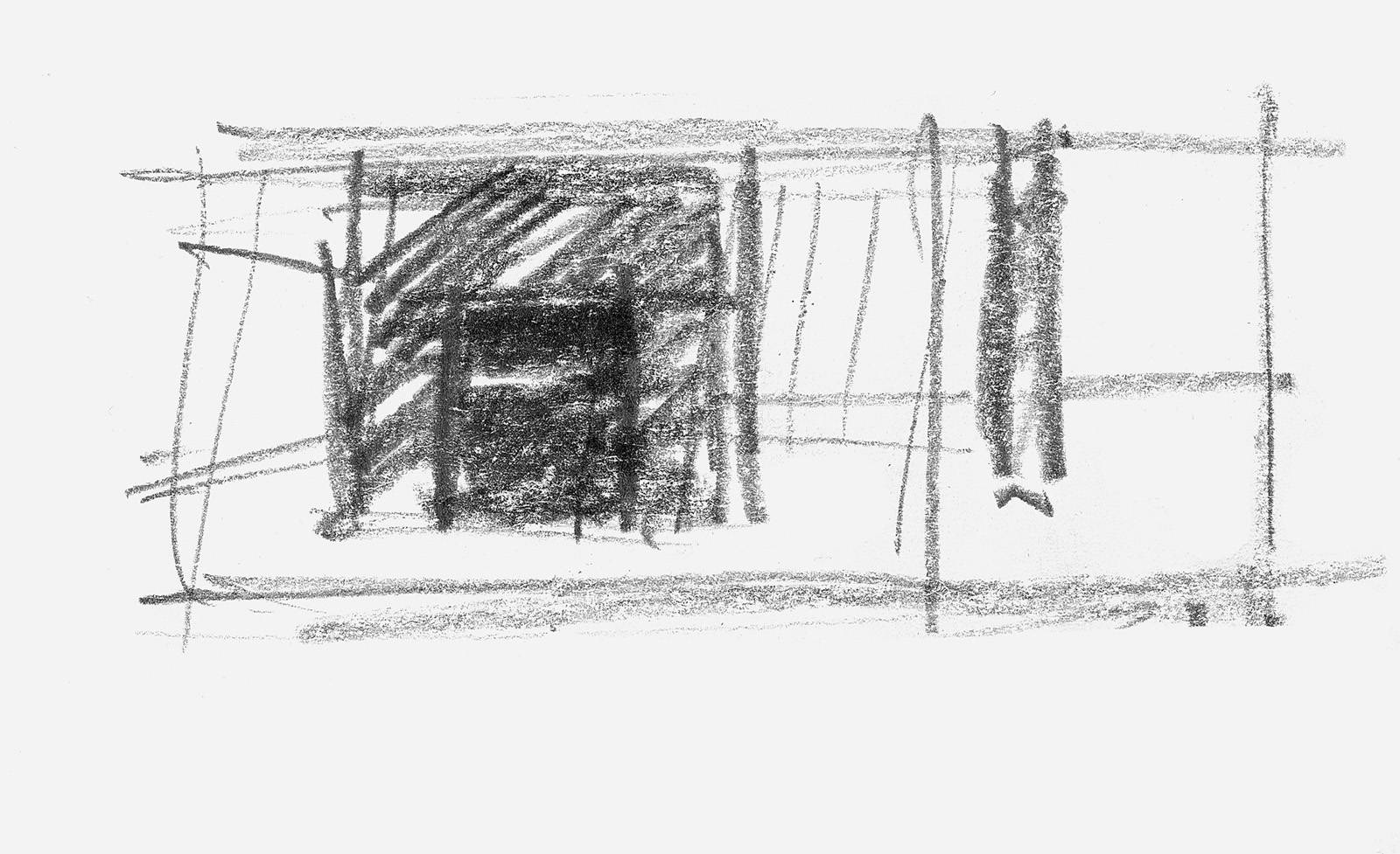 První studie k instalaci DEVĚTSETDEVADESÁTDEVĚT, srpen 2003, tužka, karton, výřezy z formátu 420 x 297 mm