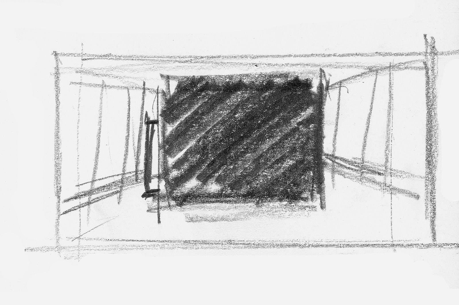 První studie k instalaci DEVĚTSETDEVADESÁTDEVĚT, srpen 2003, tužka, karton, výřezy z formátu 420 x 297 mm