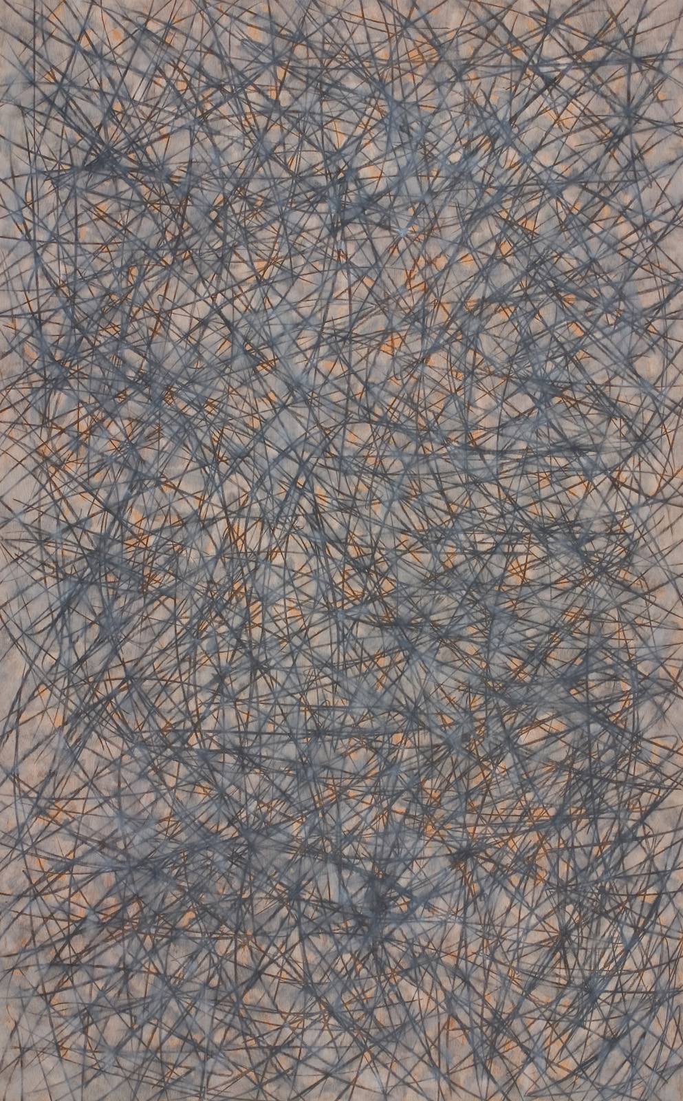 Z cyklu Město v zahradách, 2005, laťovka, olej, grafit, mastný pastel, 200 x 125 cm