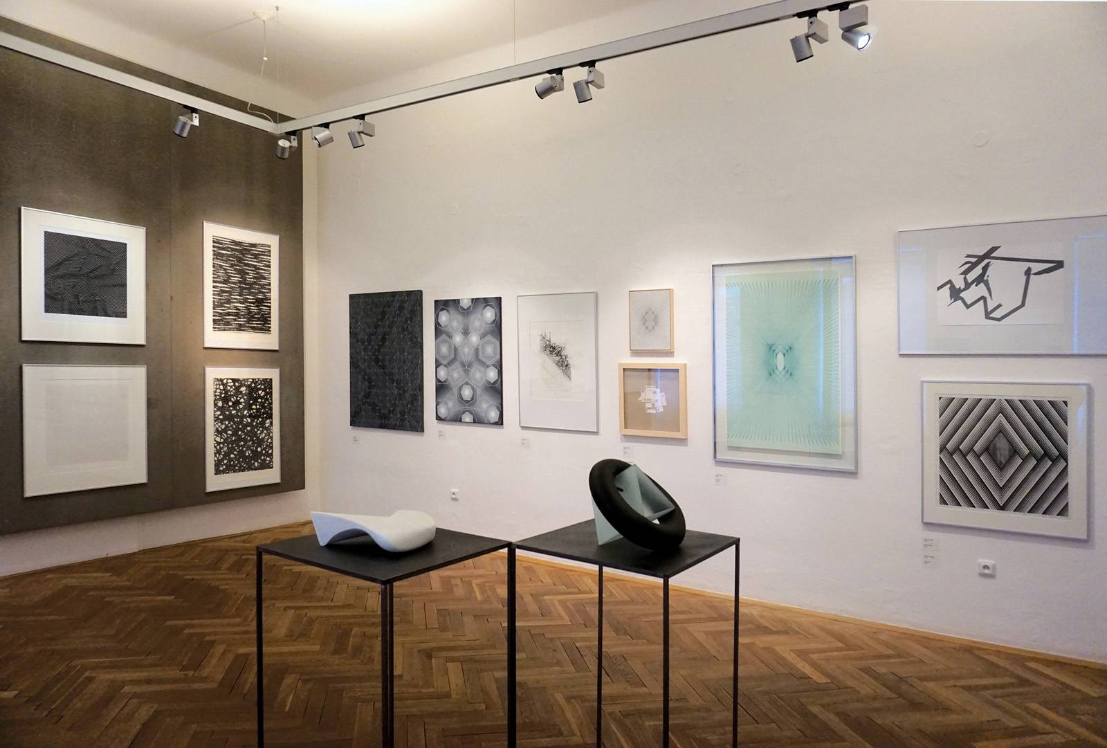 Pohled do expozice projektu Z. M. + - Monochrom / Pocta vzájemnosti, 2020. Zleva – Pavel Hayek, Lubomír Přibyl, Jan Vyleťal, Jiří Lindovský, Svatopluk Sládeček, Ladislav Daněk, Vladimír Havlík a Zdeněk Lhotský. V popředí – zleva Petr Horák /M/ a Miroslava Ptáčková. Foto Libor Stavjaník.