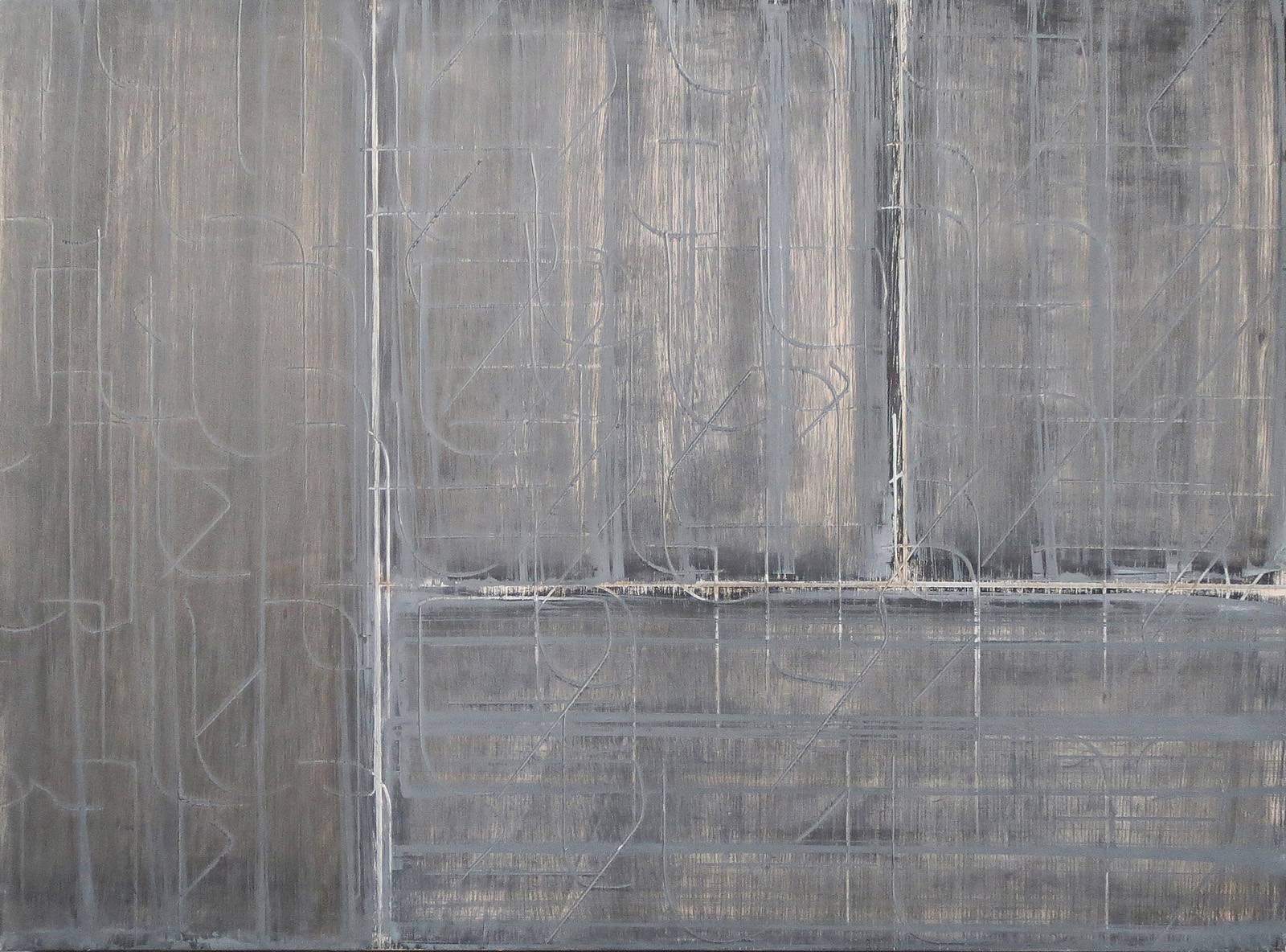 Z cyklu Šablony a Kódy, Město Z, 2015, olej, křída, nalezená šablona, překližka, 45 x 55 cm, soukromá sbírka