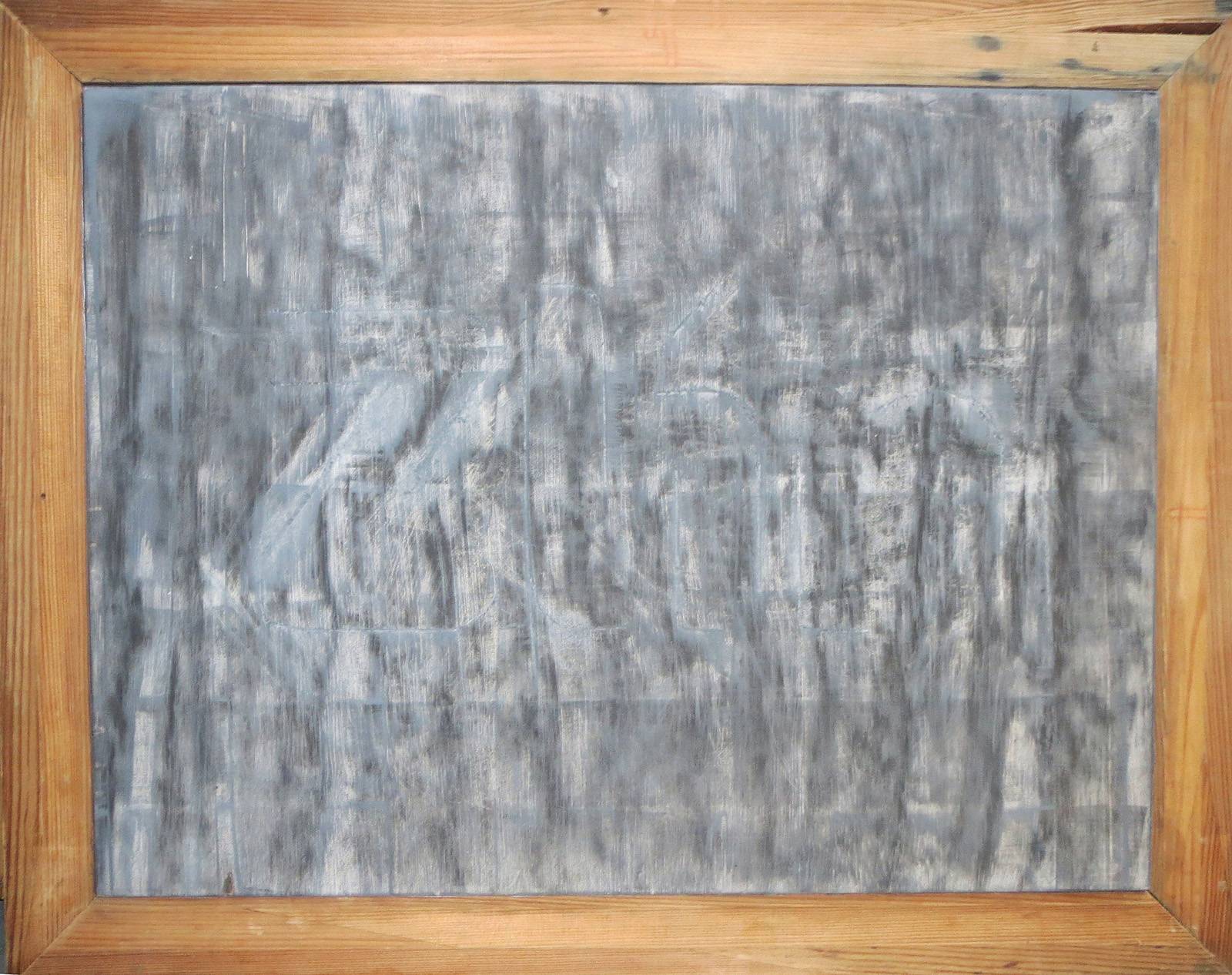 Z cyklu Město v zahradách, 2021, olej, křída, nalezená šablona, překližka, převrácený rám, 50 x 70 cm