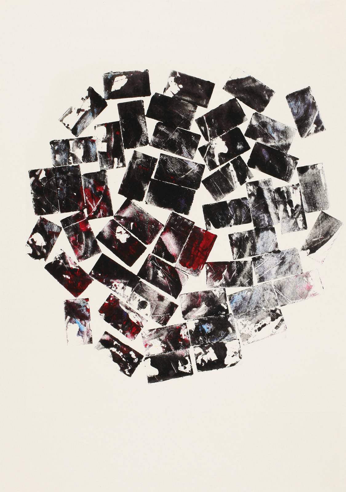 Monotypy, 1981–1982, obtahovací stroj, knihtisková barva, papír, výplňkový materiál tiskové formy, 420 x 297 mm