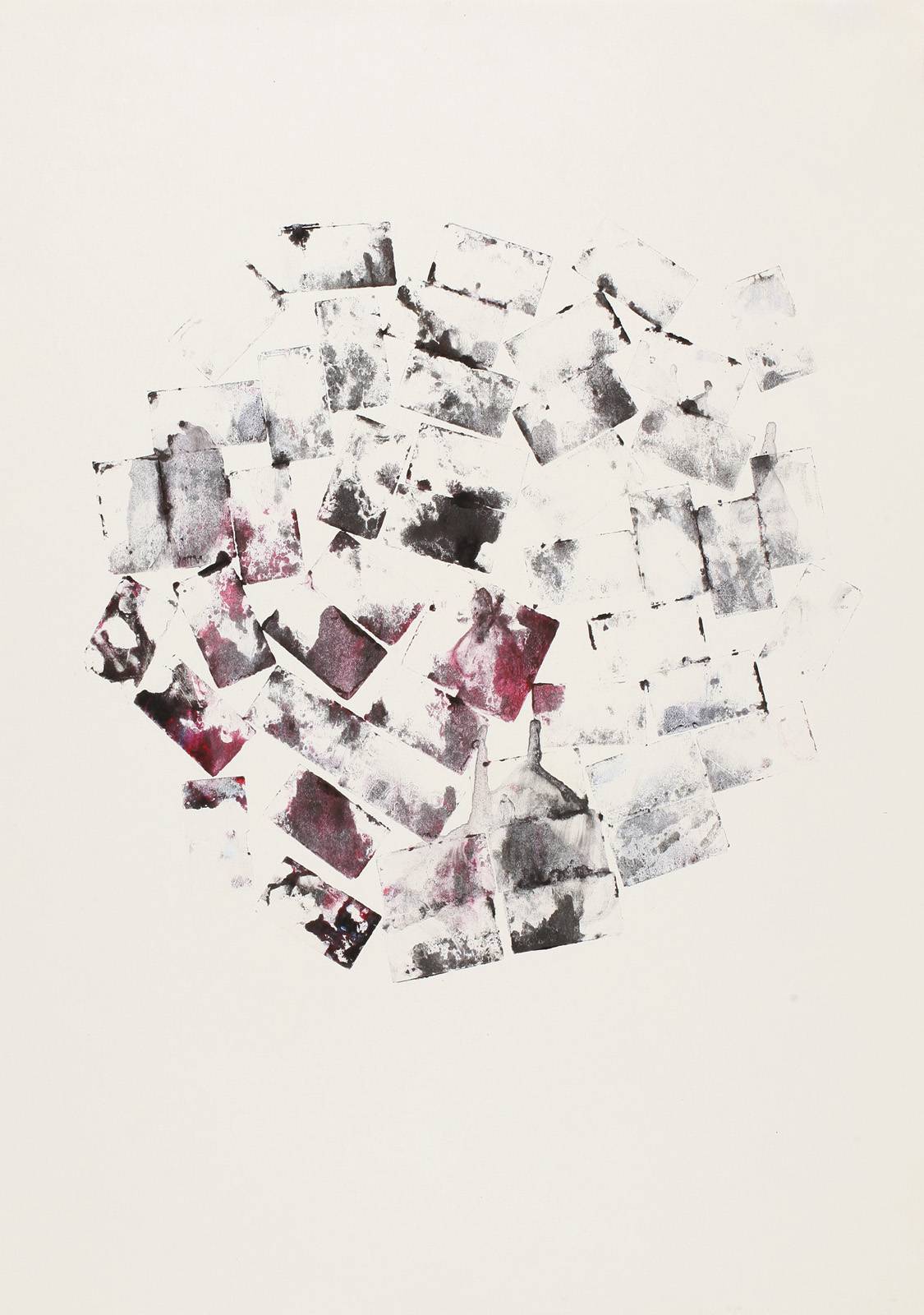 Monotypy, 1981–1982, obtahovací stroj, knihtisková barva, papír, výplňkový materiál tiskové formy, 420 x 297 mm