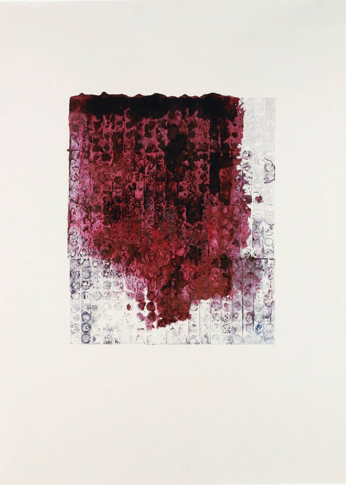 Monotypy, 1981–1982, obtahovací stroj, knihtisková barva, papír, výplňkový materiál tiskové formy, 420 x 297 mm