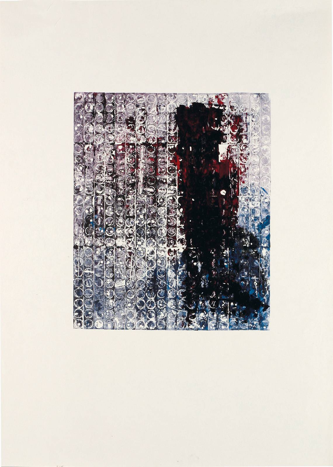 Monotypy, 1981–1982, obtahovací stroj, knihtisková barva, papír, výplňkový materiál tiskové formy, 420 x 297 mm