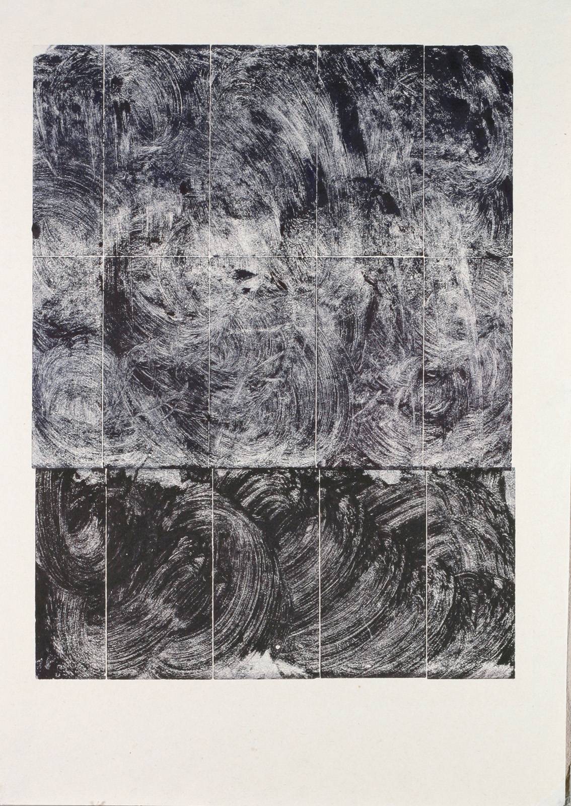 Monotypy, 1981–1982, obtahovací stroj, knihtisková barva, papír, výplňkový materiál tiskové formy, 420 x 297 mm