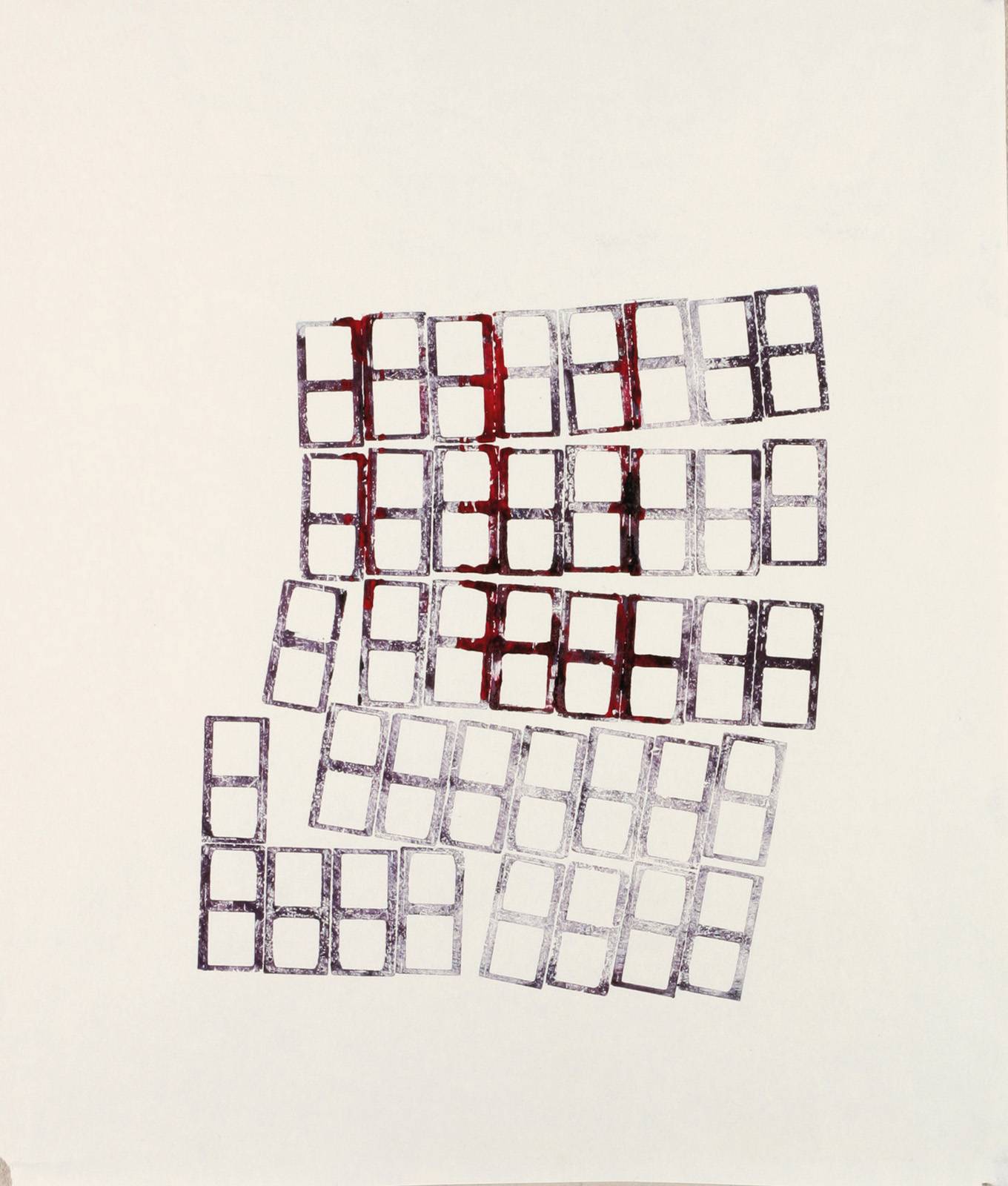 Monotypy, 1981–1982, obtahovací stroj, knihtisková barva, papír, výplňkový materiál tiskové formy, 420 x 297 mm