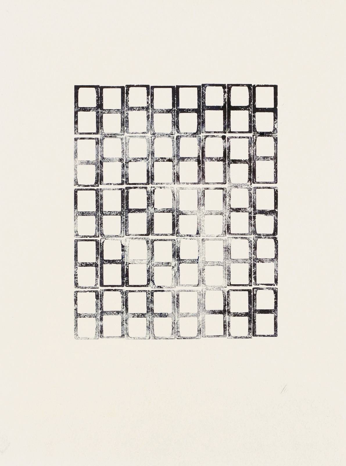 Monotypy, 1981–1982, obtahovací stroj, knihtisková barva, papír, výplňkový materiál tiskové formy, 420 x 297 mm