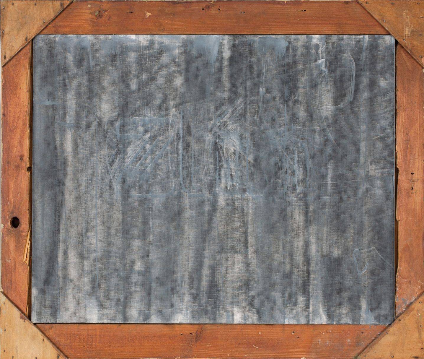 Z cyklu Město v zahradách, 2021, olej, křída, nalezená šablona, překližka, převrácený rám, 54 x 80 cm