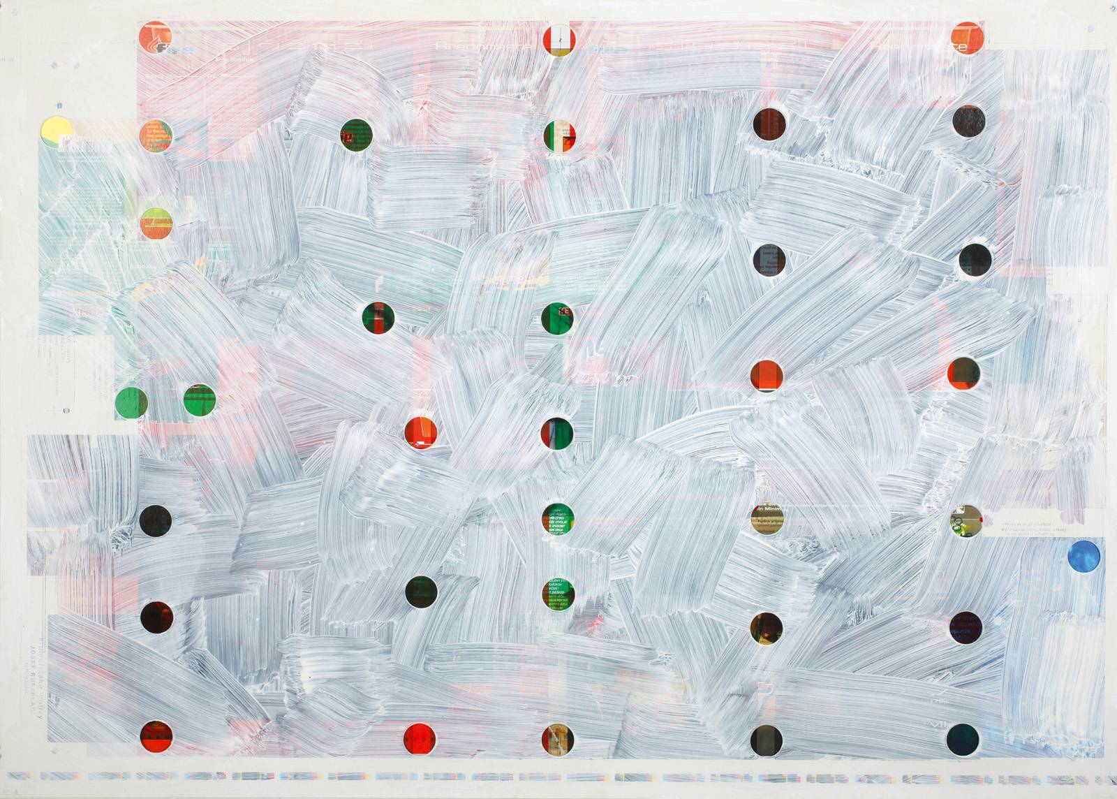 Z cyklu Makulatura, 2010, olej, ofsetové kartony, perforace, lepení, 500 x 700 mm. Krajská galerie výtvarného umění ve Zlíně (sbírka kresby)