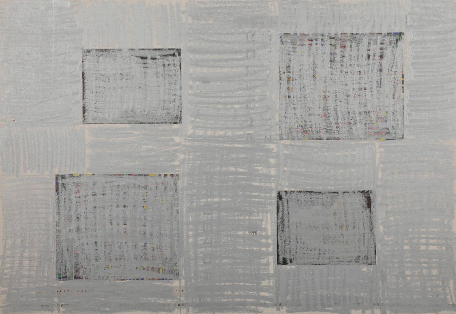 Z cyklu Makulatura /pocta Běle Kolářové/ 2010, obálka časopisu Prostor Zlín 3/2007, olej, stříbrný pastel, ofsetový karton, 500 x 700 mm. Krajská galerie výtvarného umění ve Zlíně (sbírka kresby)