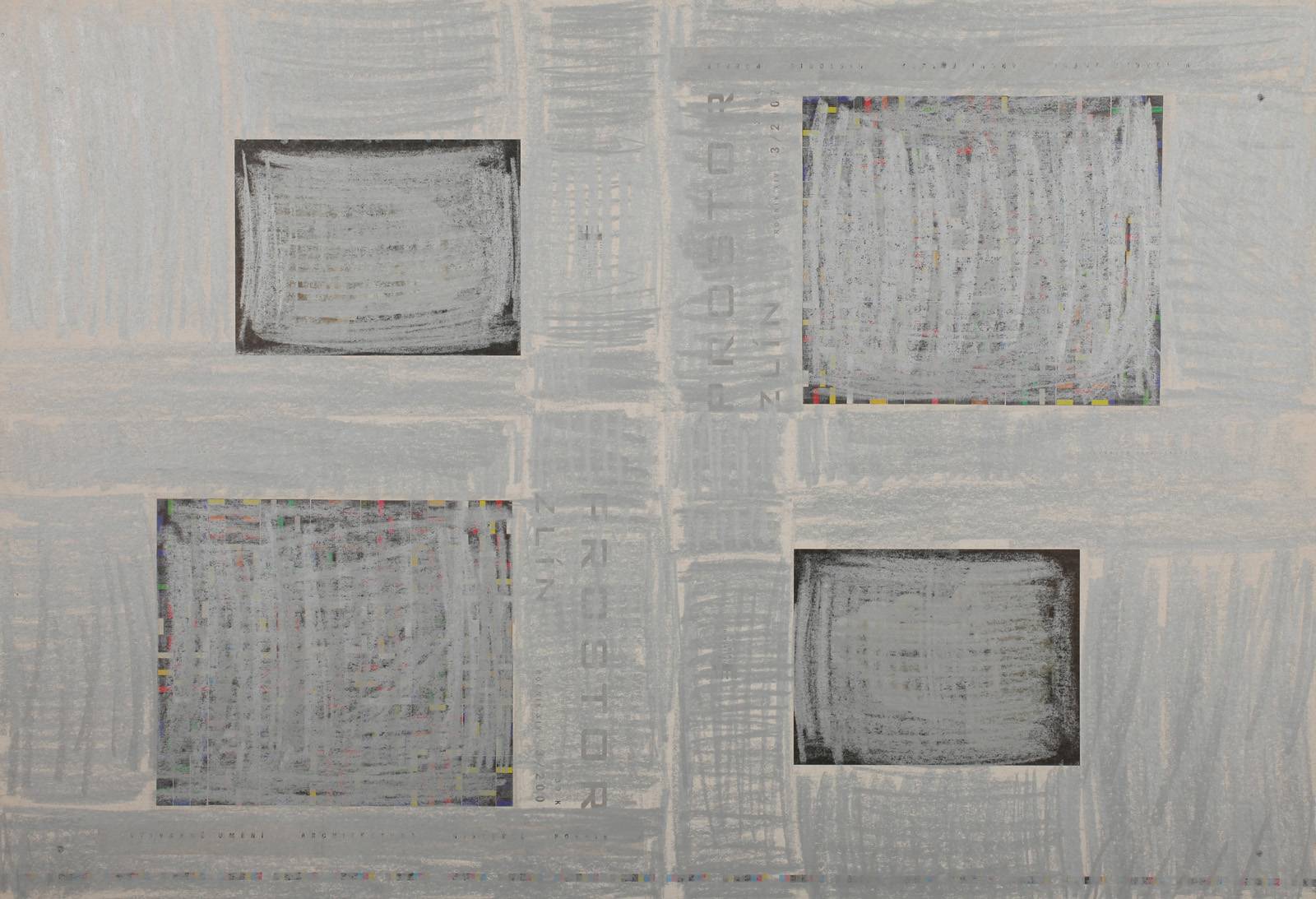 Z cyklu Makulatura /pocta Běle Kolářové/ 2010, obálka časopisu Prostor Zlín 3/2007, olej, stříbrný pastel, ofsetový karton, 500 x 700 mm. Krajská galerie výtvarného umění ve Zlíně (sbírka kresby)