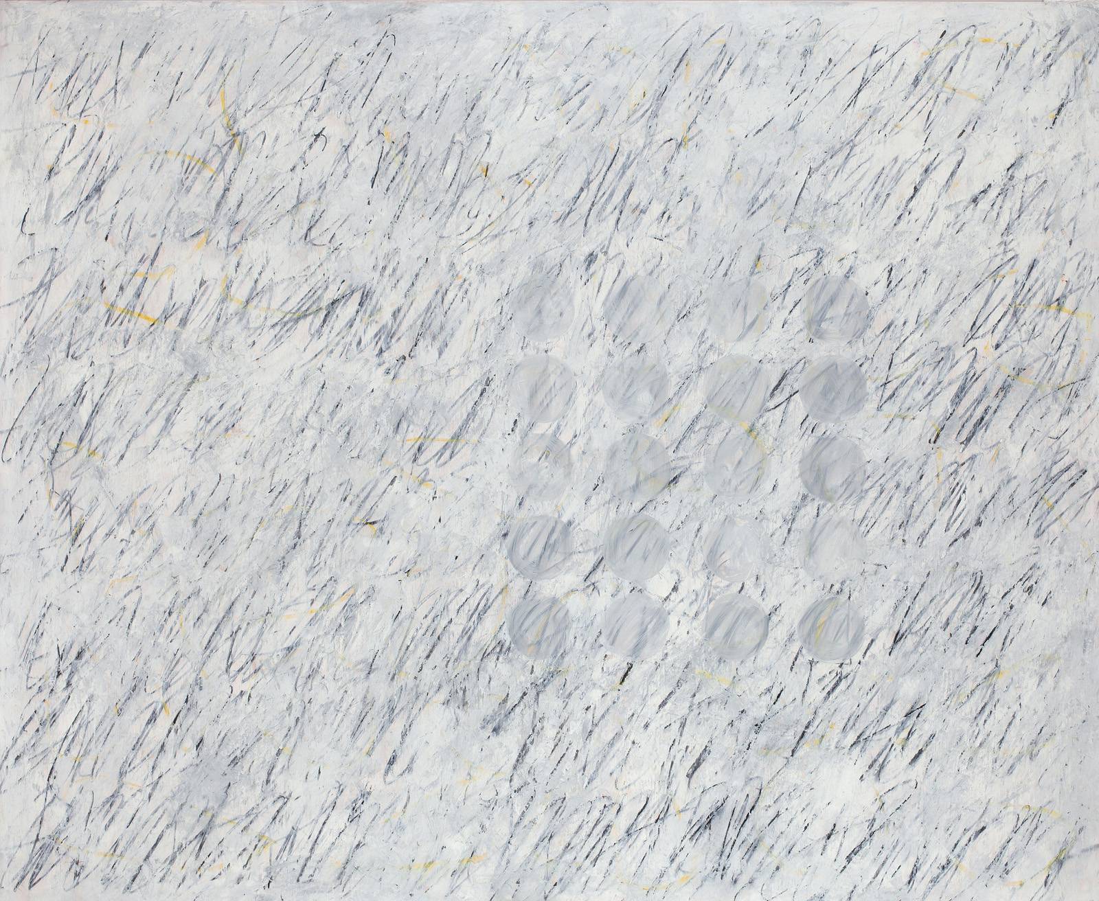 213 Z M M Z Zahrada, z cyklu Město v zahradách, 2005, laťovka, olej, grafit, mastný pastel, nalezená šablona, 100 x 125 cm, soukromá sbírka