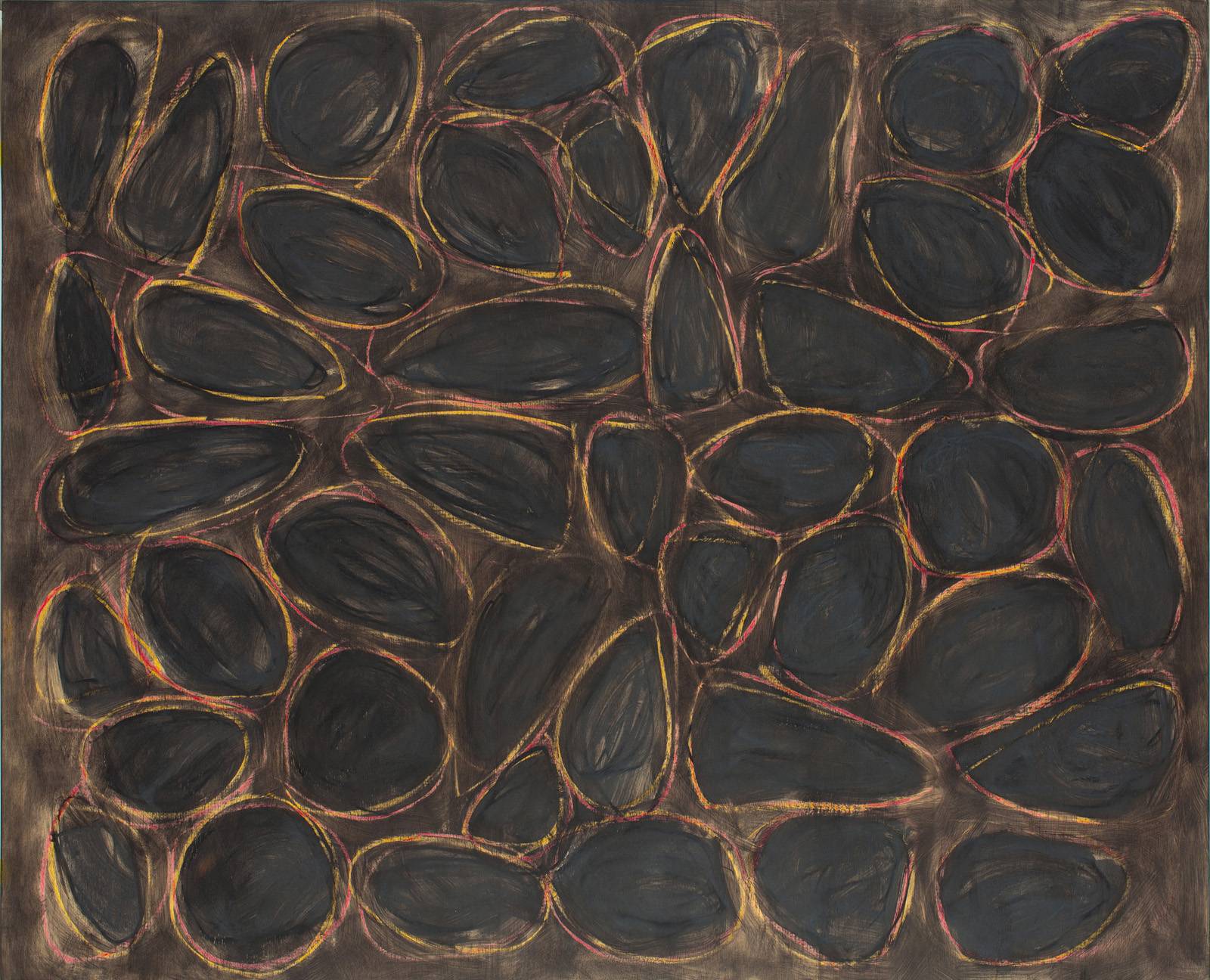 Z cyklu Šablony a Kódy, 2019, olej, křída, nalezená šablona, překližka,  100 x 121 cm