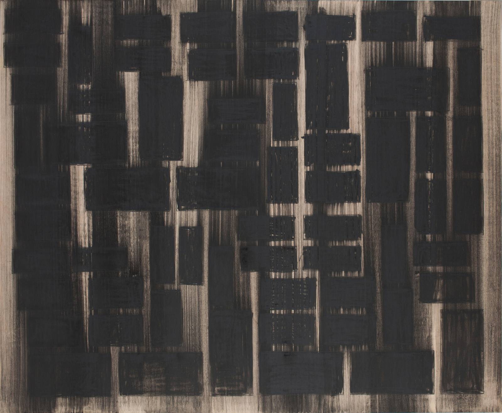 Z cyklu Šablony a Kódy, 2019, olej, křída, nalezená šablona, překližka, 100 x 121 cm