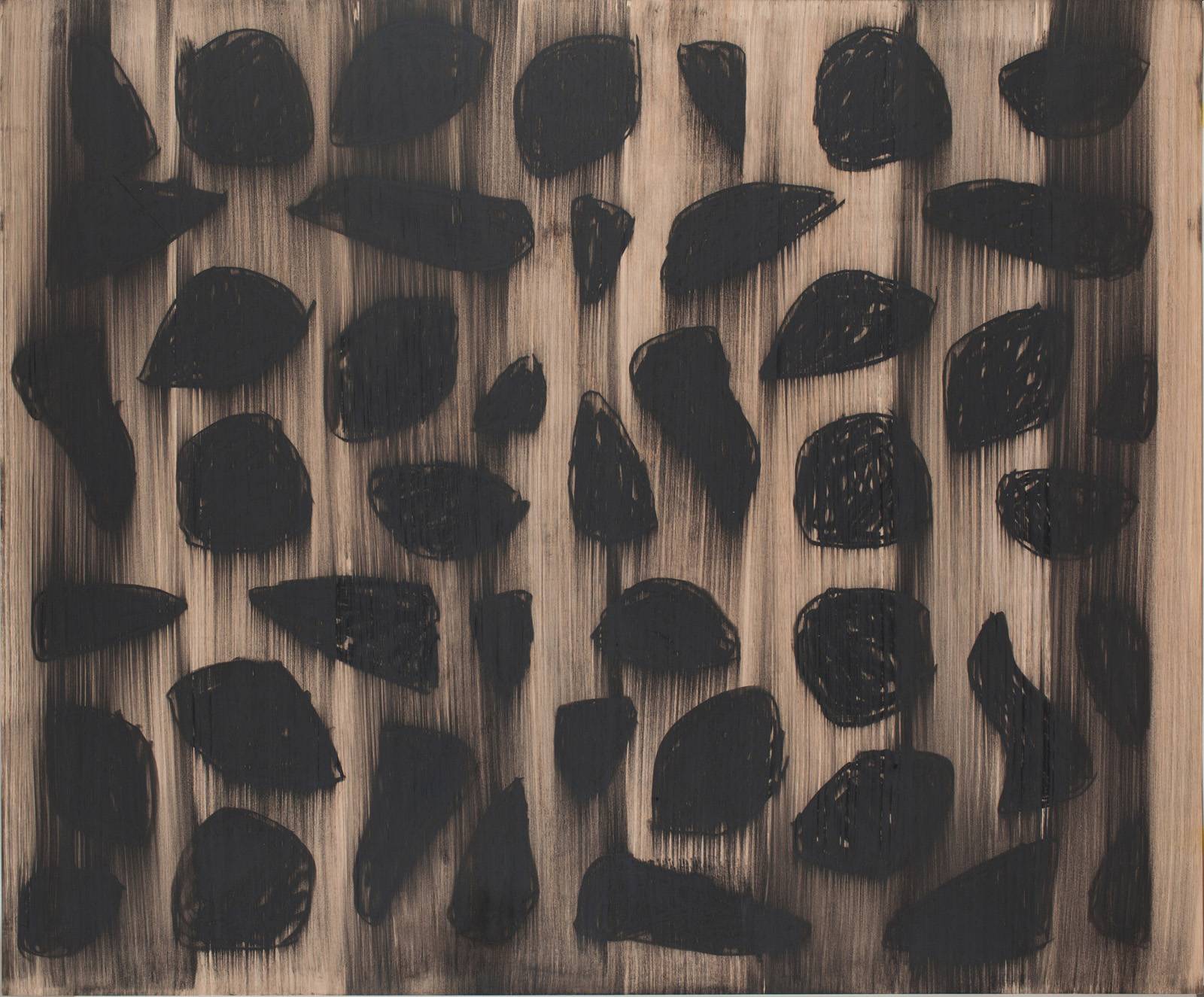 Z cyklu Šablony a Kódy, 2019, olej, křída, nalezená šablona, překližka, 100 x 121 cm