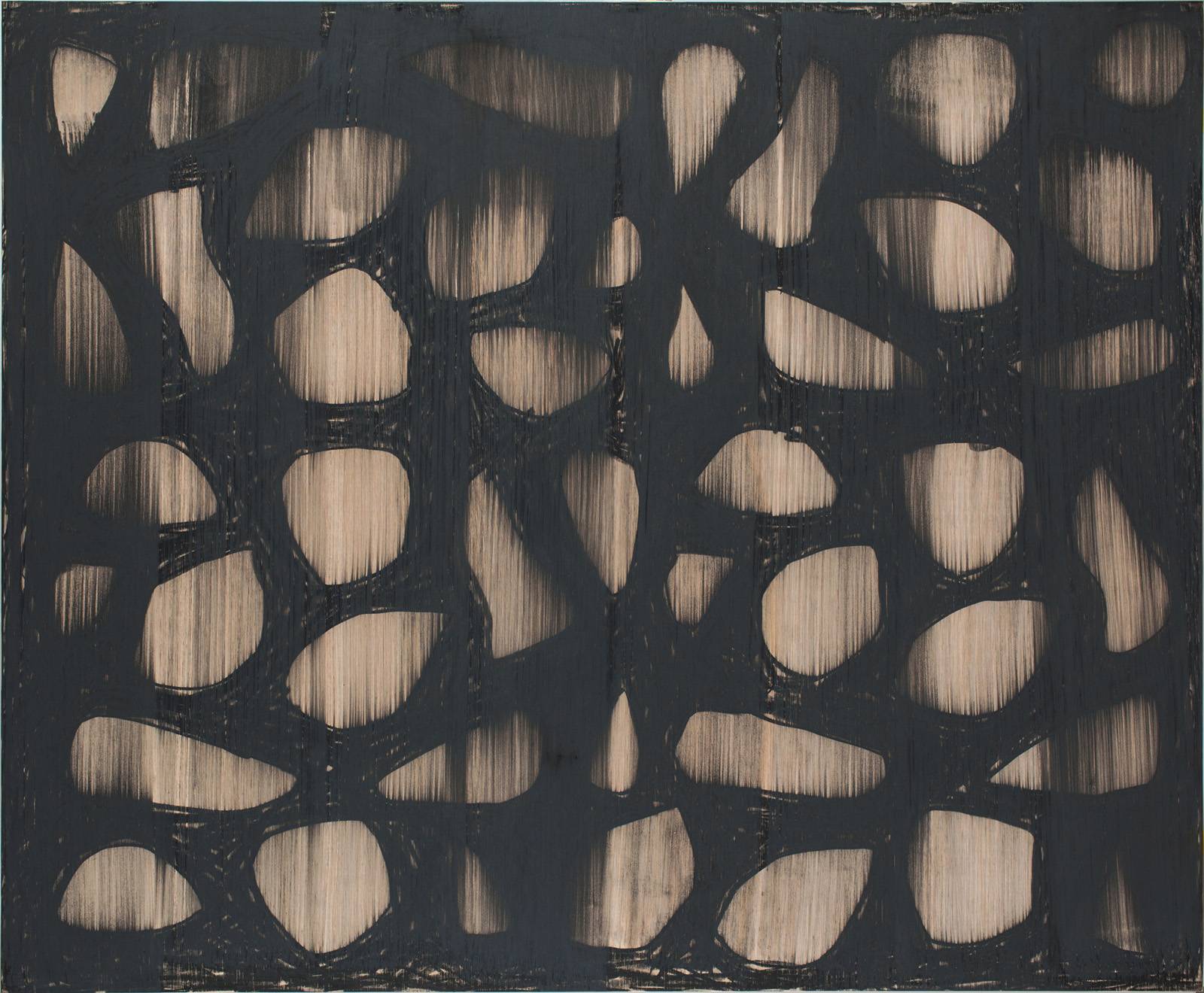 Z cyklu Šablony a Kódy, 2019, olej, křída, nalezená šablona, překližka, 100 x 121 cm