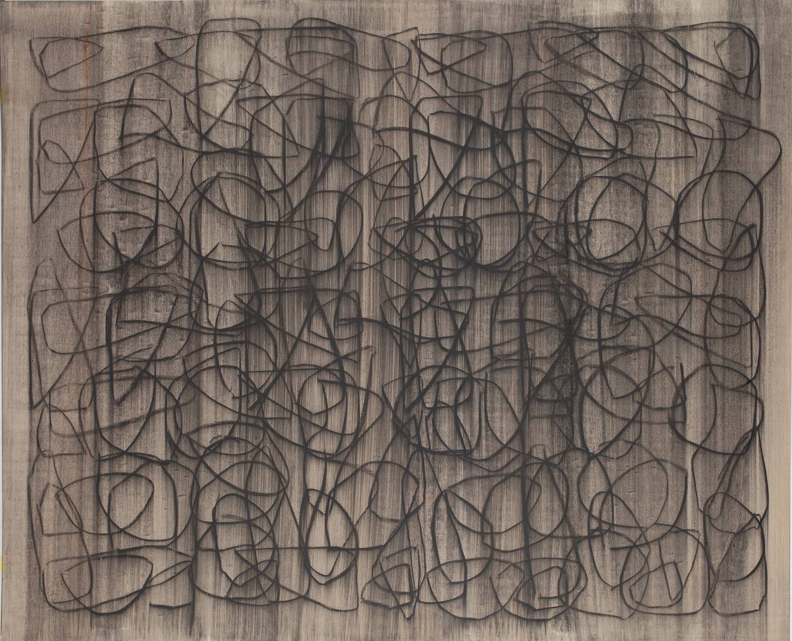 Z cyklu Šablony a Kódy, 2019, olej, křída, nalezená šablona, překližka, 100 x 121 cm