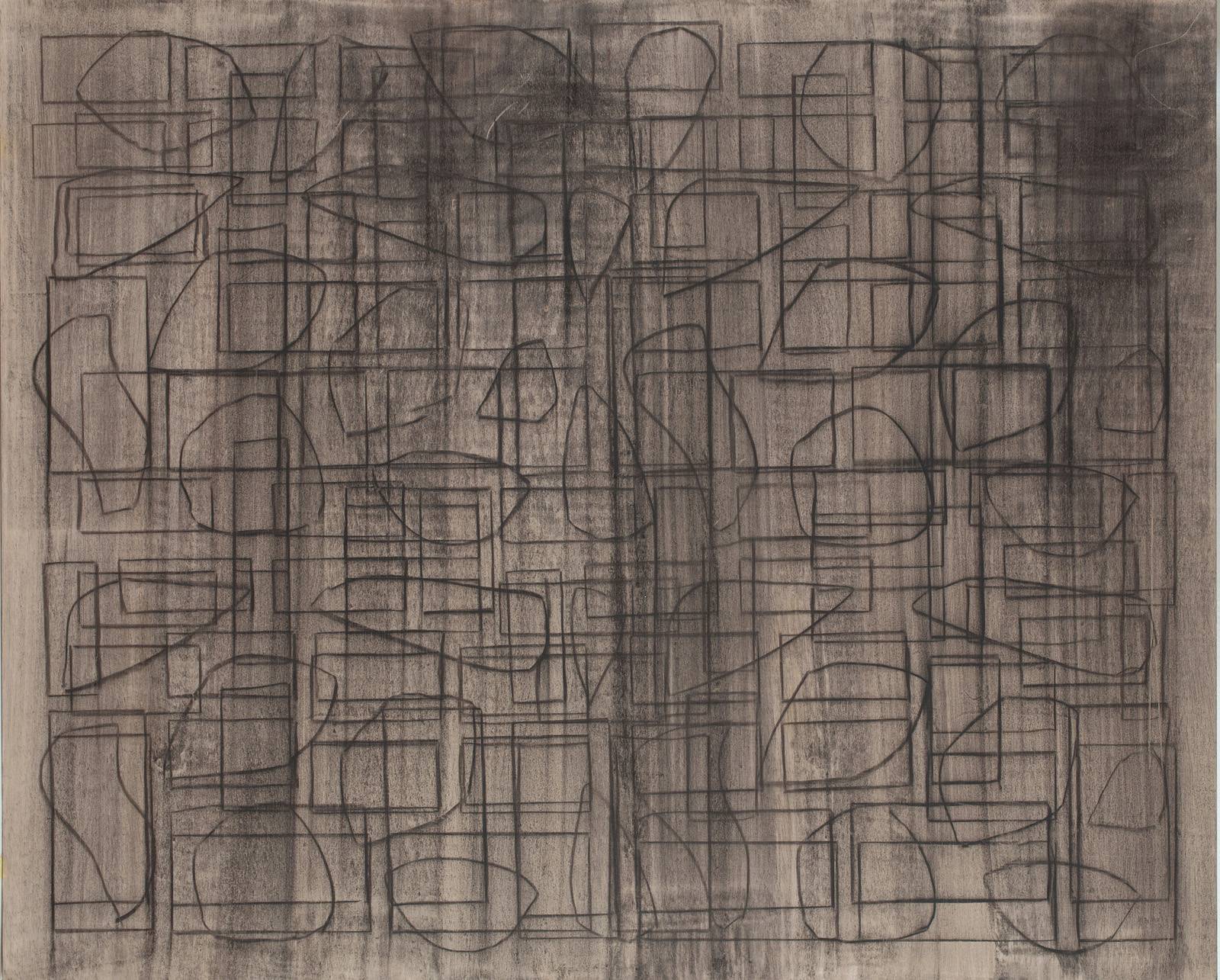 Z cyklu Šablony a Kódy, 2019,  olej, křída, nalezená šablona, překližka,  100 x 121 cm