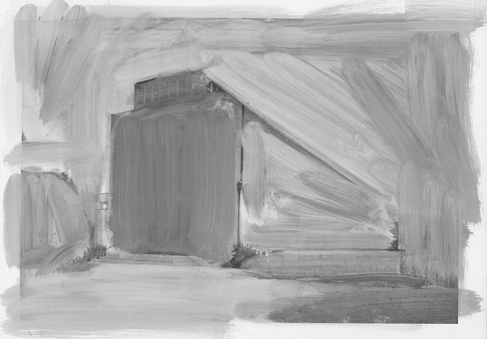 Z cyklu Přemalby – stavby V. Karfíka, 2019 knižní reprodukce, xerox, olej, křída, papír, 210 x 297 mm (3x)