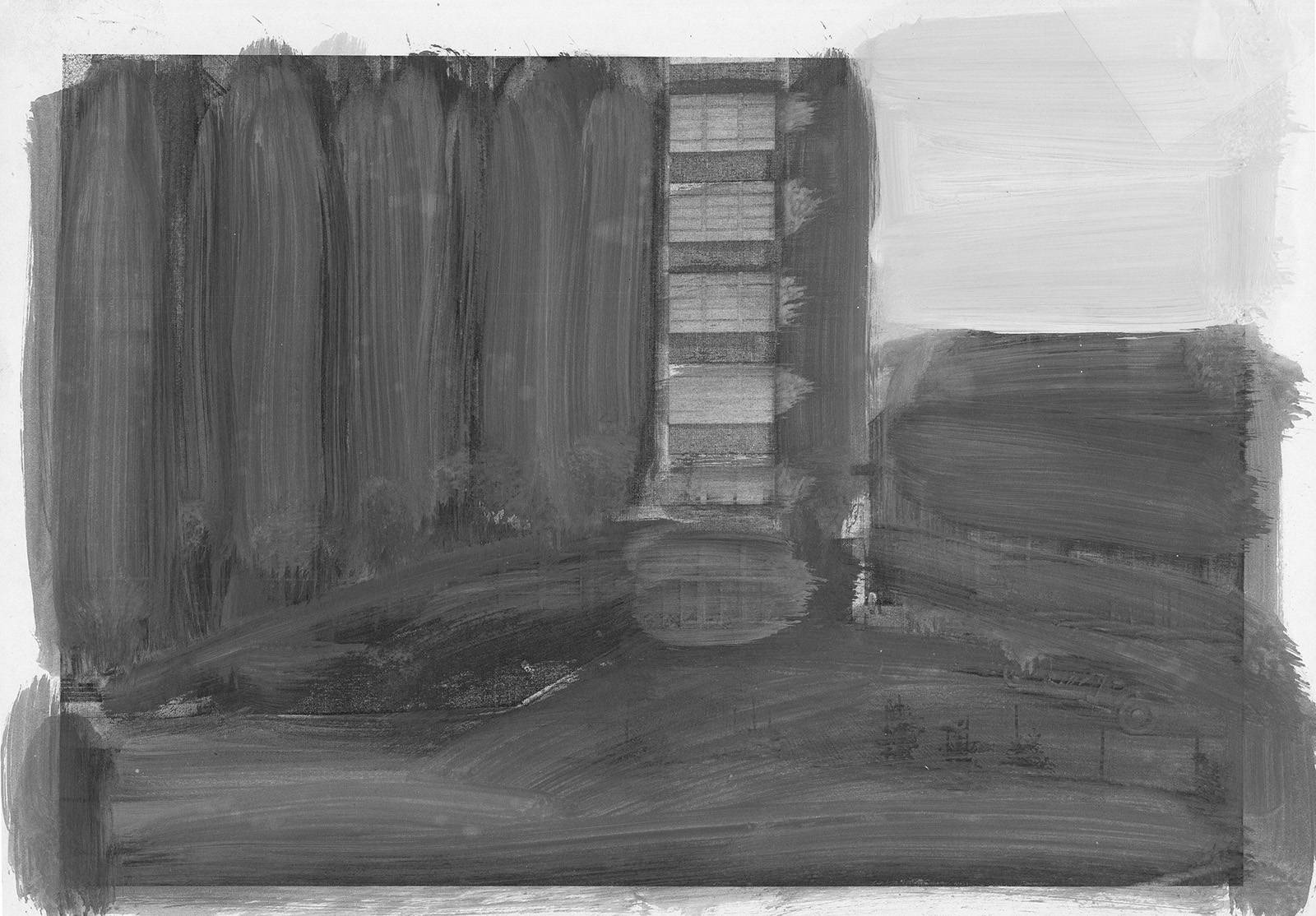 Z cyklu Přemalby – stavby V. Karfíka, 2019 knižní reprodukce, xerox, olej, křída, papír, 210 x 297 mm (3x)