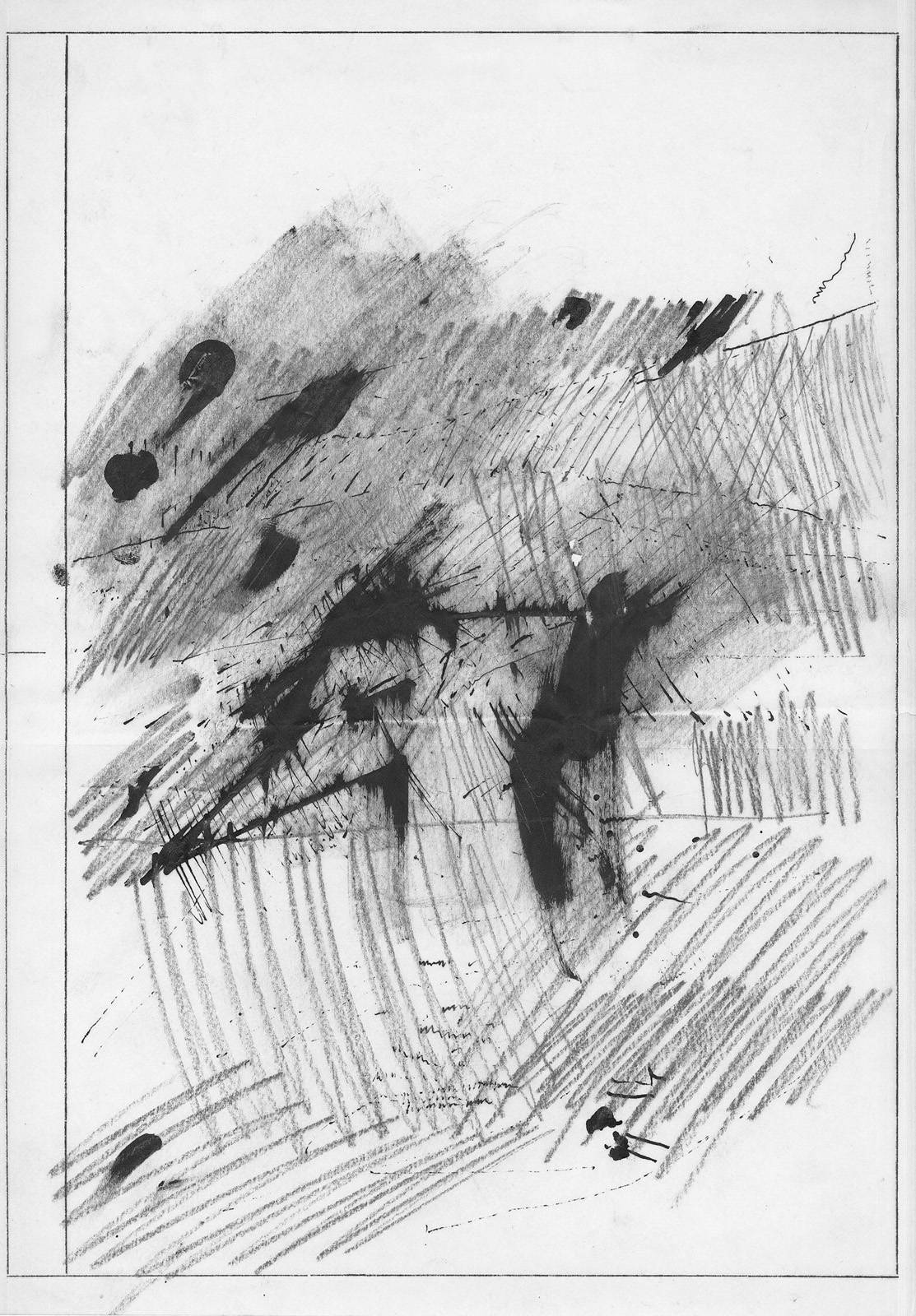 Krajina, 1982, tužka, tuš, pauzovací papír s předtiskem, 297 x 210 mm