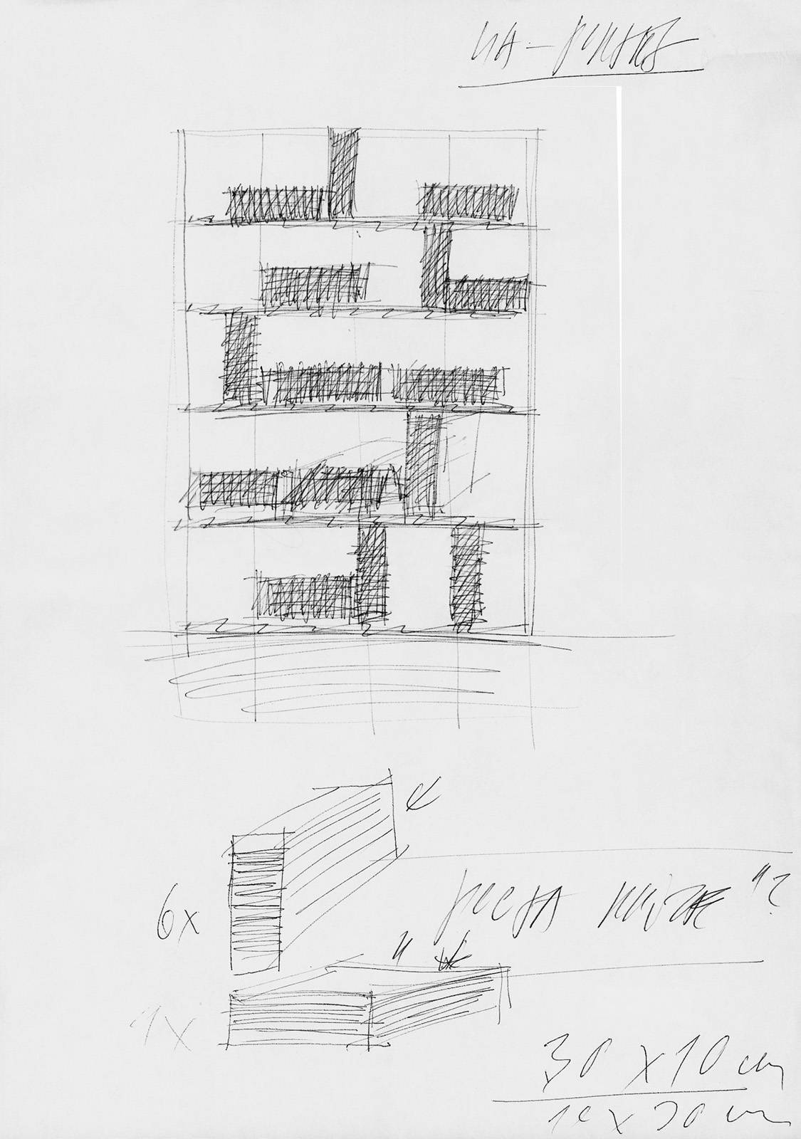 Přípravná kresba k instalaci Moje knihovna, 2009, papír, popisovač, 297 x 210 mm