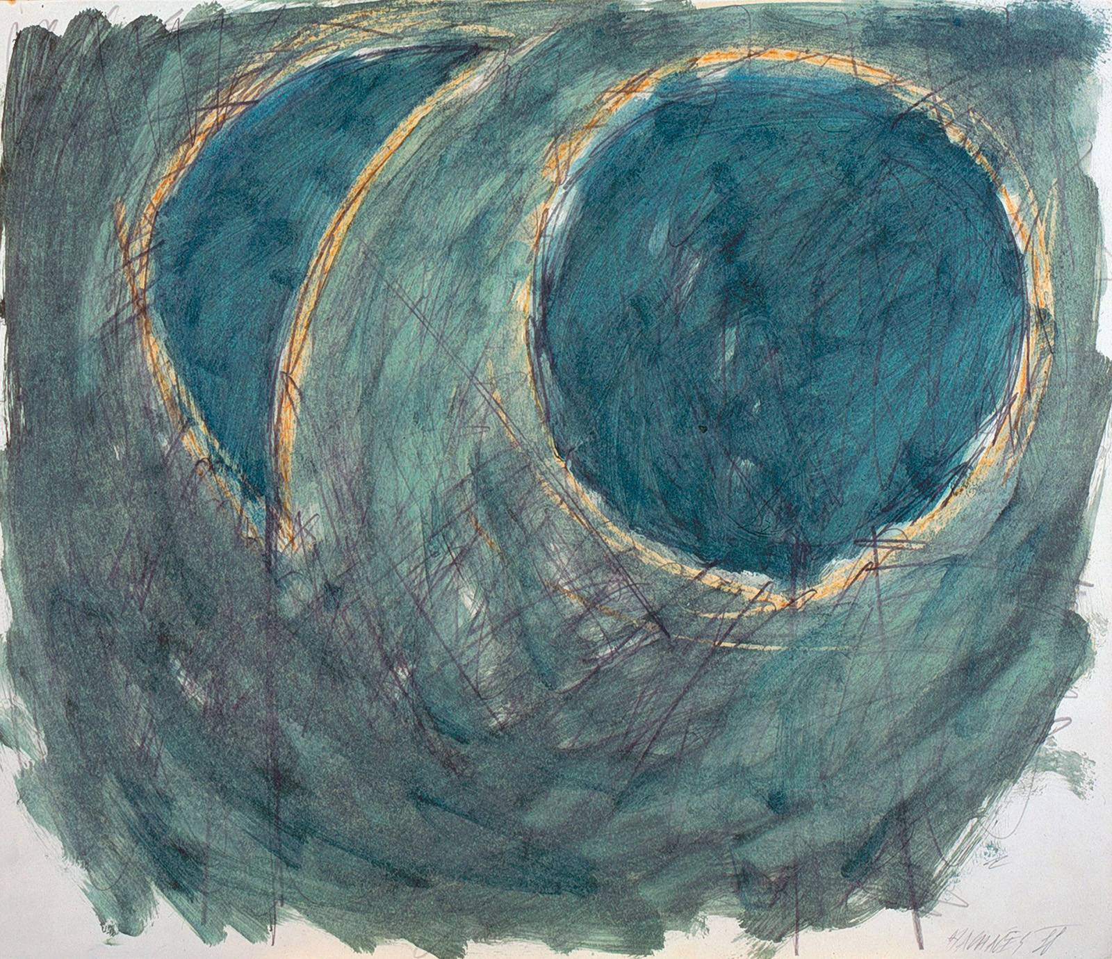 Měsíc a Slunce, 1988, olej, tužka, mastný pastel, karton, 500 x 600 mm