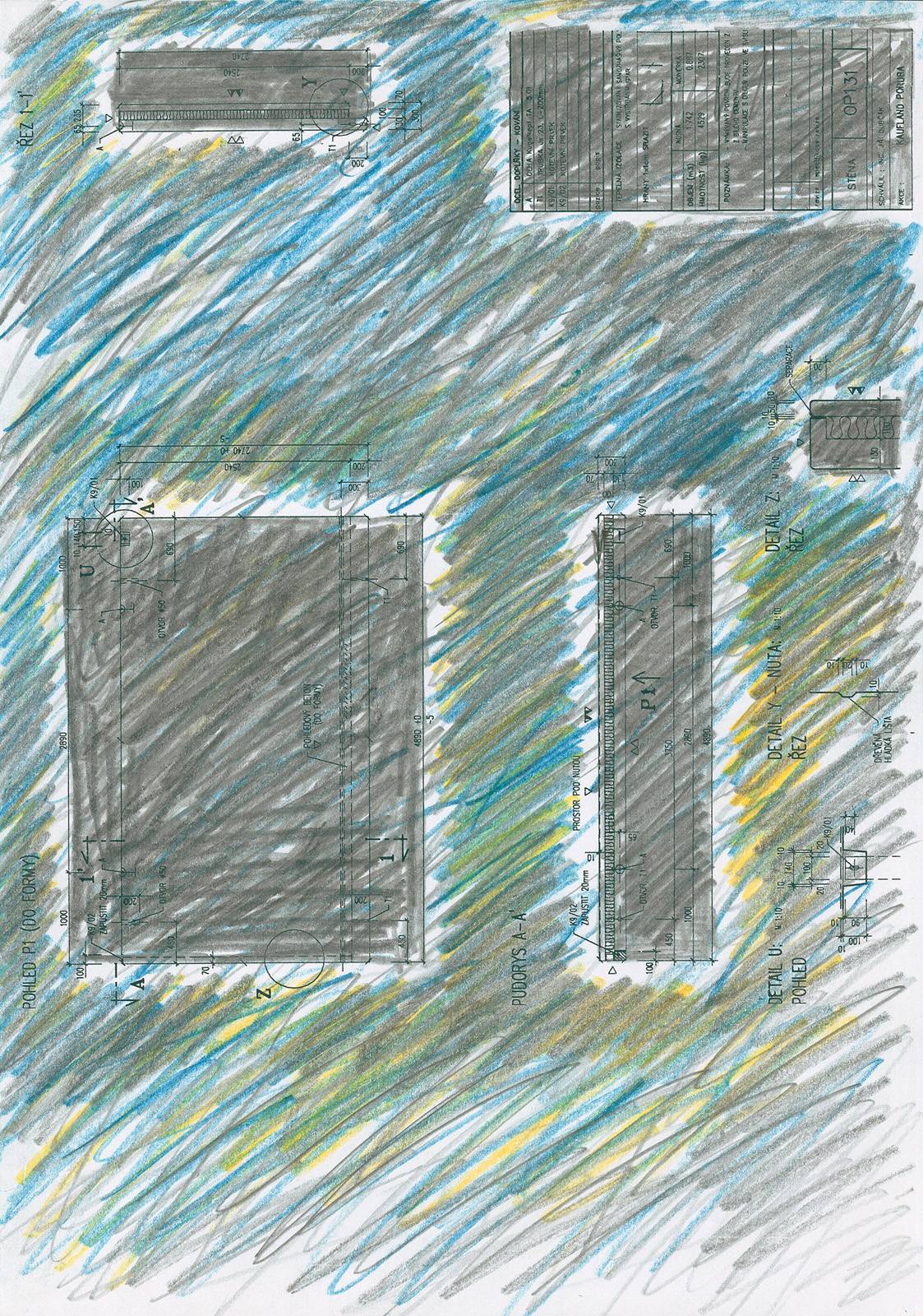 Událost v Půdorysu, 2010, pastelky, tužka, papír–vyřazené plány, 297 x 210 mm