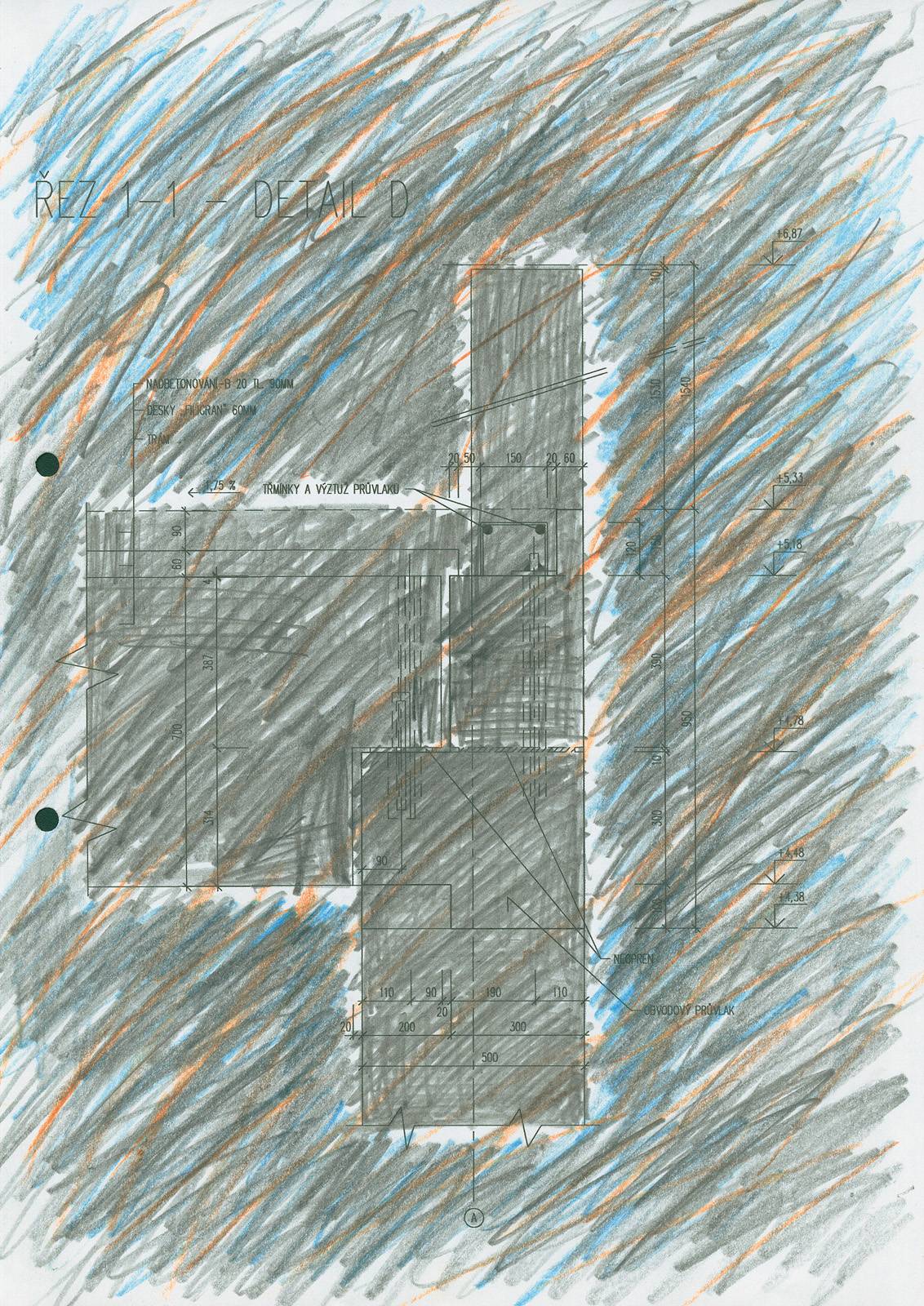 Událost v Půdorysu, 2010, pastelky, tužka, papír–vyřazené plány, 297 x 210 mm