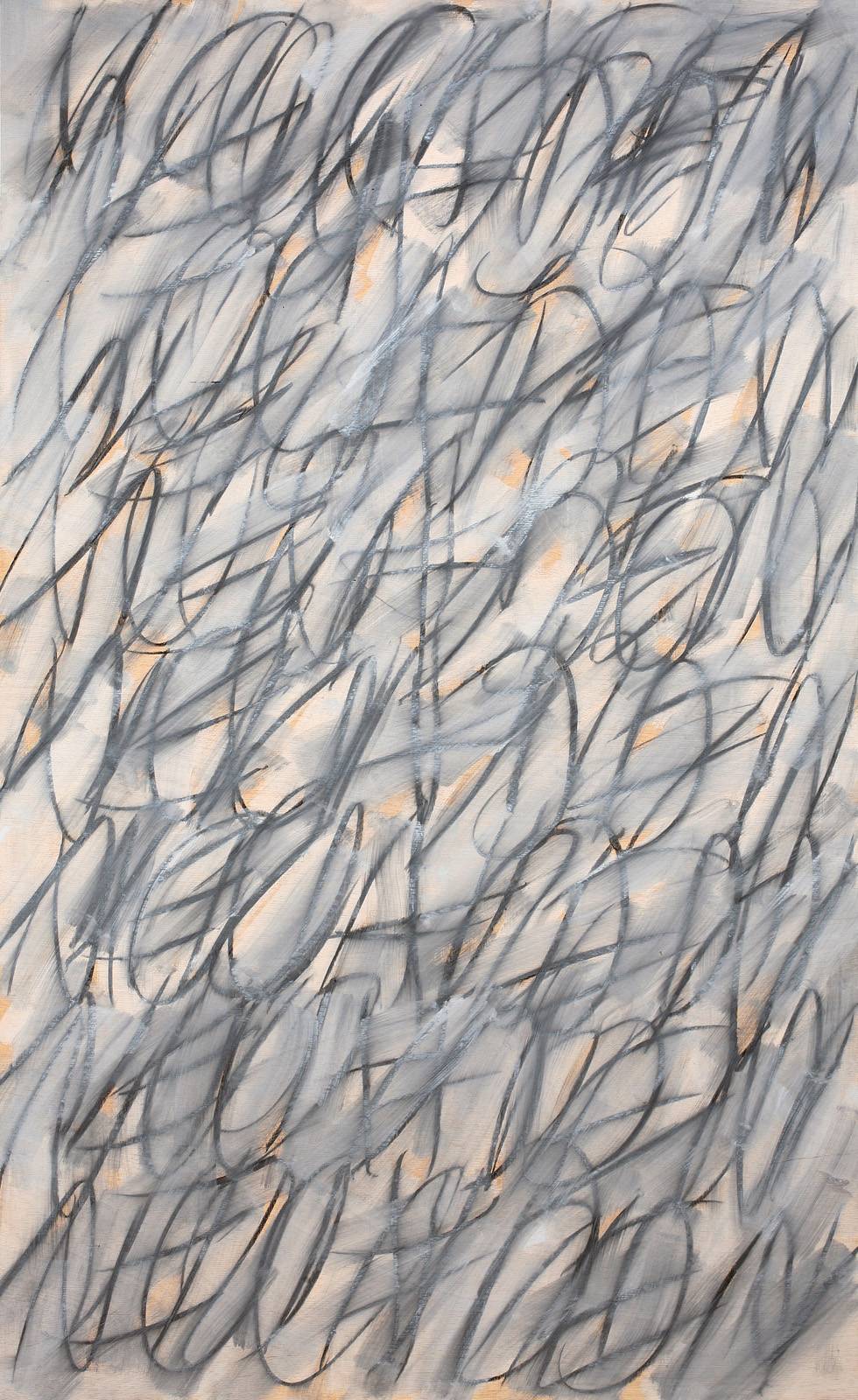 Noc a den, z cyklu Město v zahradách, 2005, laťovka, olej, grafit, mastný pastel, 200 x 125 cm, soukromá sbírka