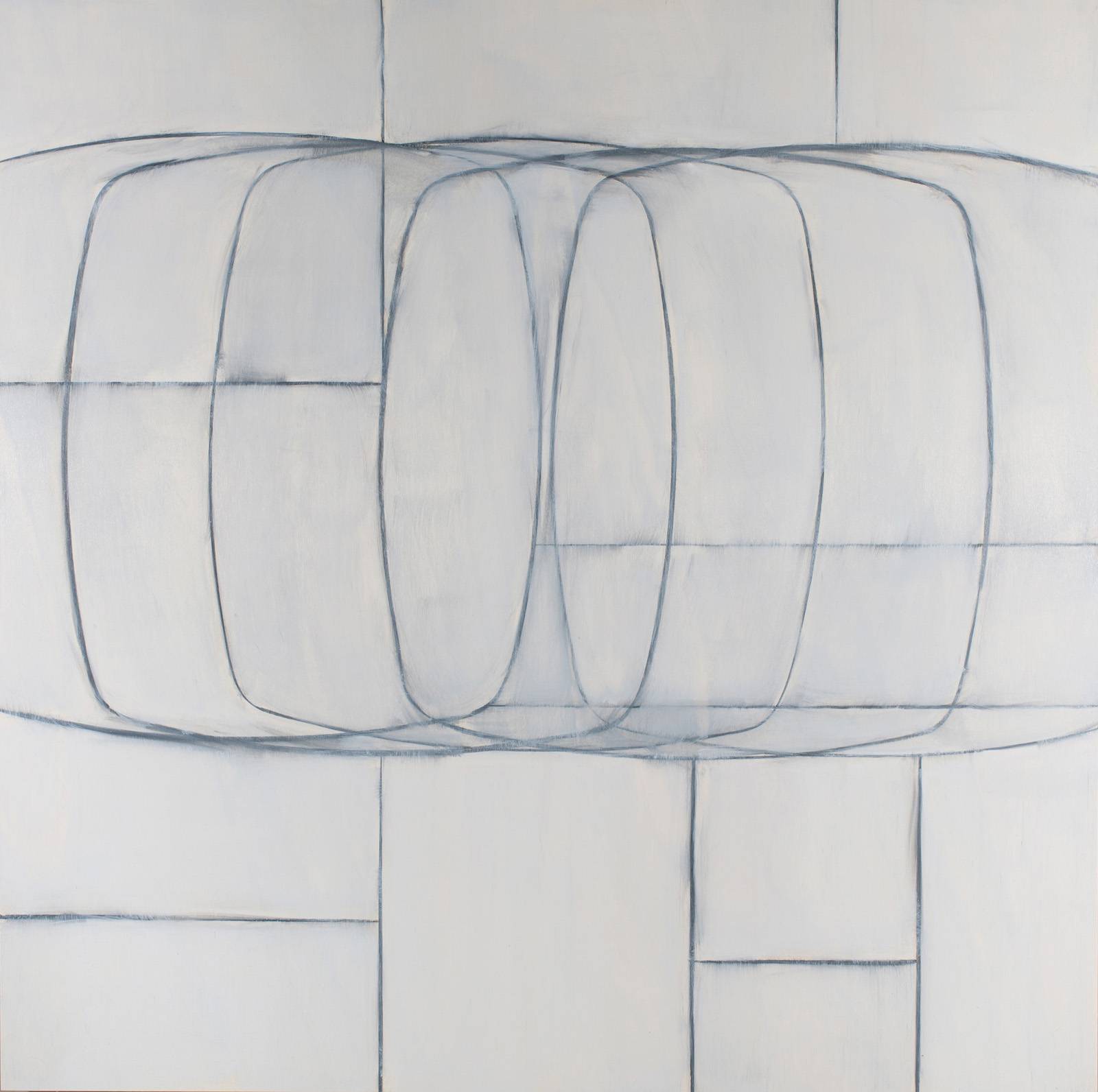 Z cyklu Šablony a kódy / U stolu – Brusel, 2024, olej, mastný pastel, šablona, překližka, 120 x 120 cm