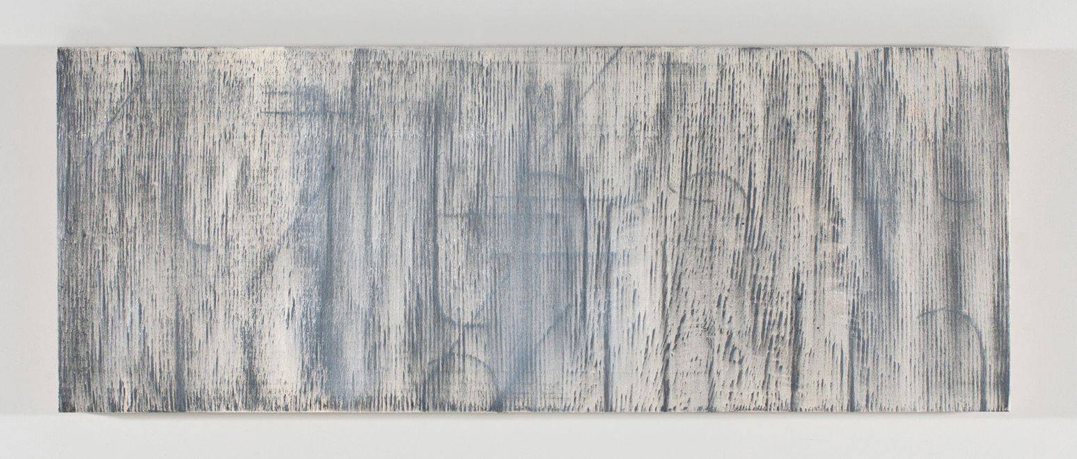 Z cyklu Město Z, 2024, olej, mastný pastel, nalezená šablona, laťovka, 23 x 60 x 3 cm