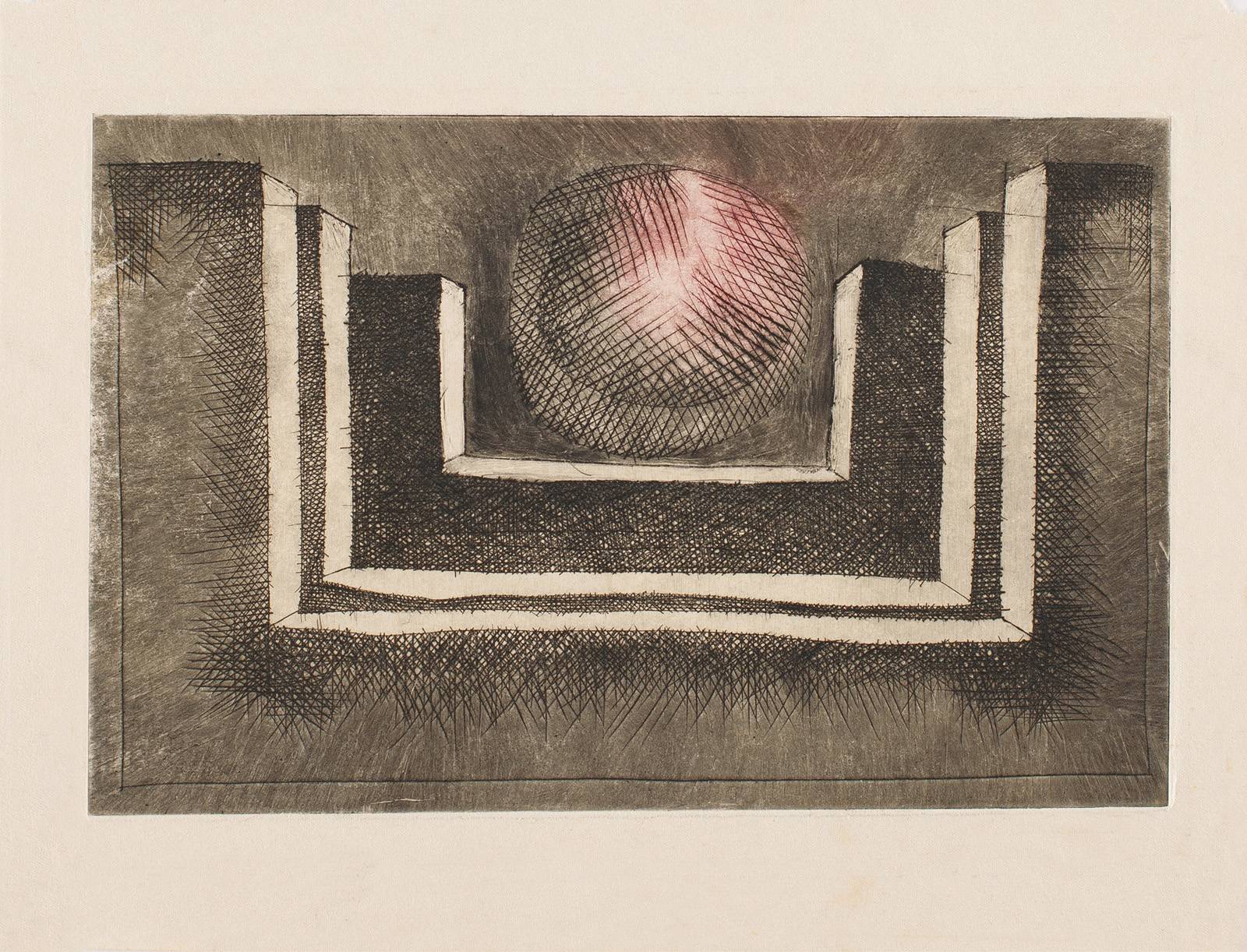 Dům Měsíce – den, 1978, suchá jehla, papír, 297 x 210 mm