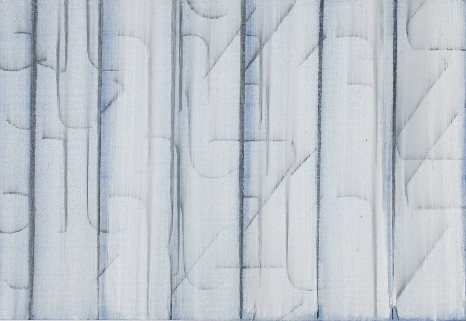 Z cyklu Město Z, 2024, olej, mastný pastel, nalezená šablona, modrý karton, 210 x 297 mm