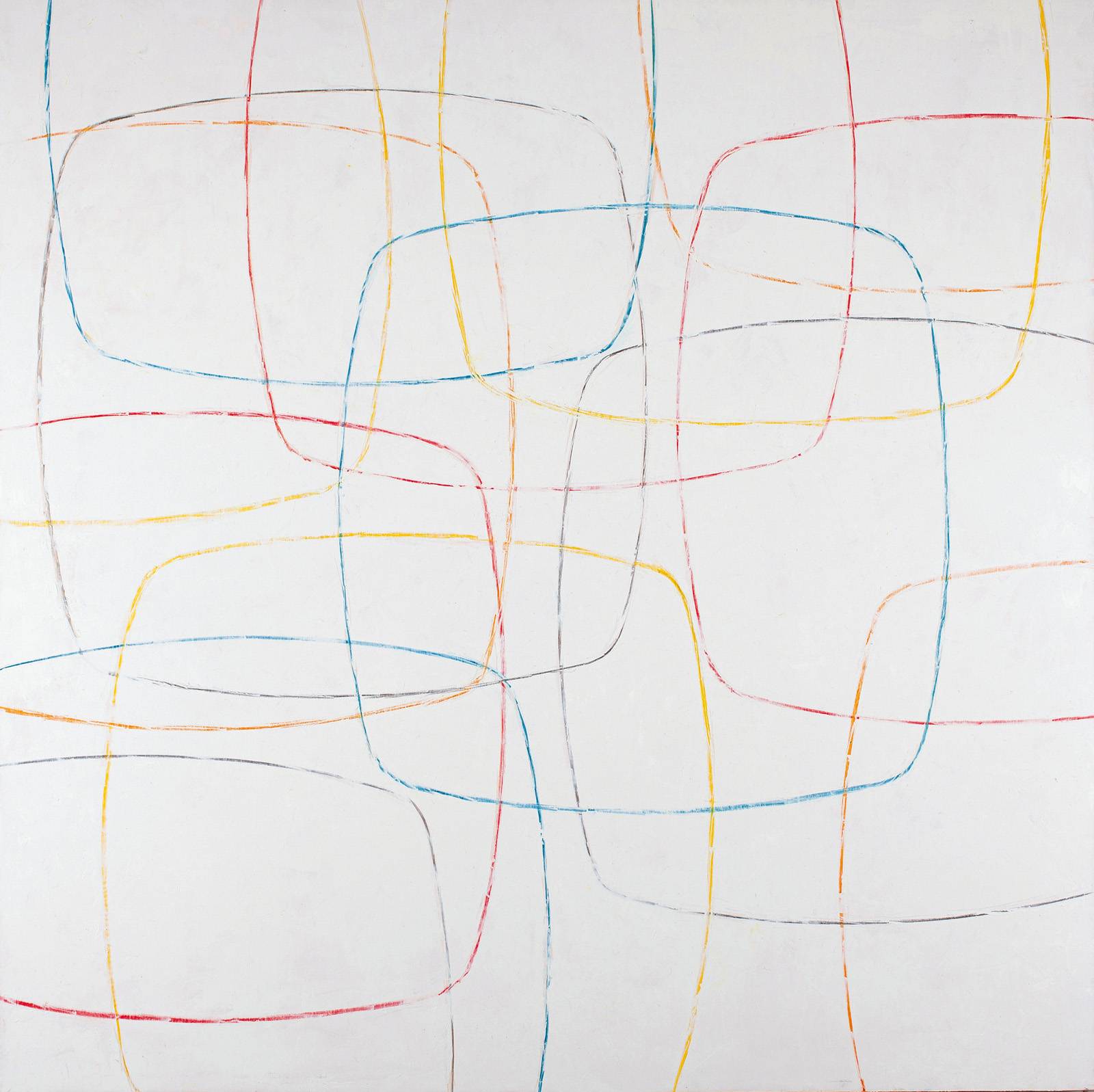 Z cyklu Šablony a kódy / U stolu – Brusel, 2024, olej, mastný pastel, šablona, překližka, 120 x 120 cm