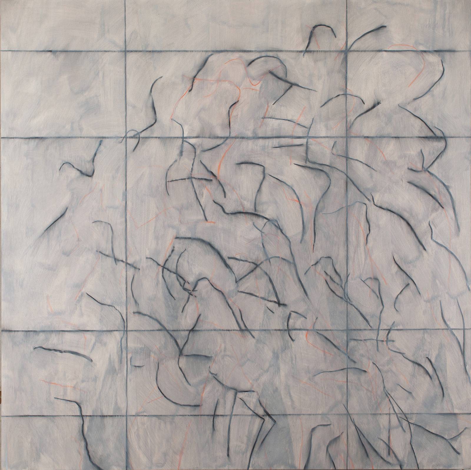 Valaši jdou do nebe, z cyklu Šablony a kódy, 2025, olej, mastný pastel, šablona, překližka, 121 x 121 cm