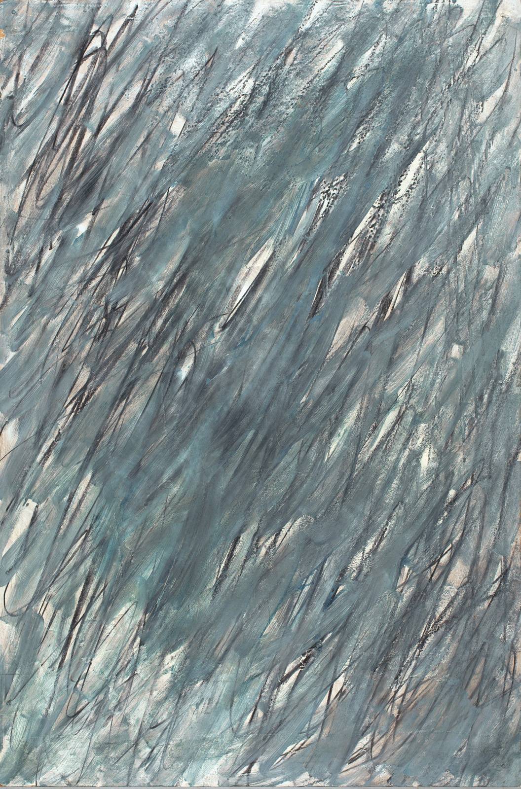 Deště – Sněhy, 1996, tužka, olej, sololit – část přepravní palety, 120 x 80 cm