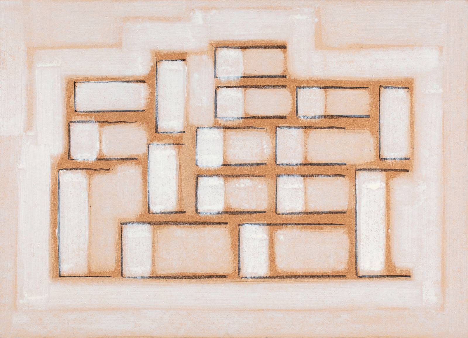 Z cyklu Město Z – půdorysy, 2024, olej, mastný pastel, nalezená šablona, sololit, 65 x 90 cm